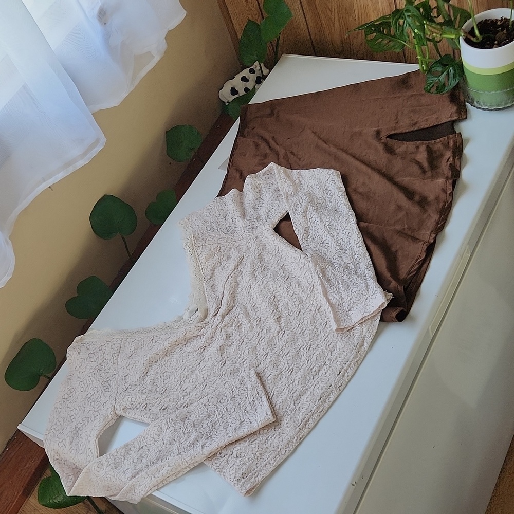 Just Quella size S/M outfitBrown Mini skirt western Cowgirl rodeo silk lace Top